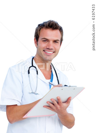 Portrait a charming male doctor writing notes 6197433