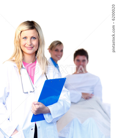 Portrait of a beautiful doctor with a colleague and a patient Portrait of a beautiful doctor with a colleague and a patient 6200020