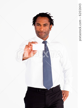 Serious businessman holding white card 6201643