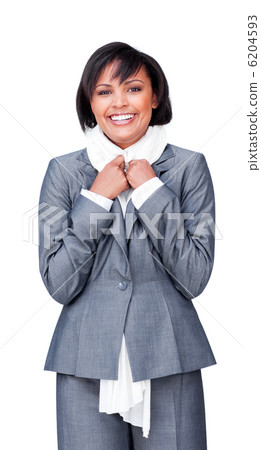 Smiling businesswoman wearing a white scarf 6204593