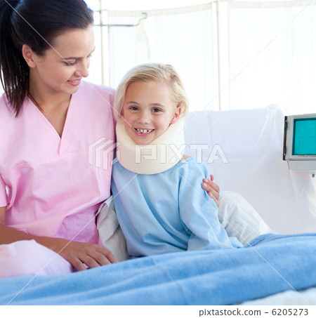 Smiling patient with a neck brace and her nurse Smiling patient with a neck brace and her nurse 6205273