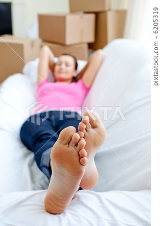 Cheerful woman relaxing on a sofa with boxes Cheerful woman relaxing on a sofa with boxes 6205319