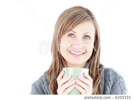 Joyful woman holding a cup a coffee Joyful woman holding a cup a coffee 6205555