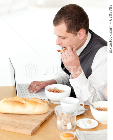 Charming businessman using a laptop while having breakfast Charming businessman using a laptop while having breakfast 6205788