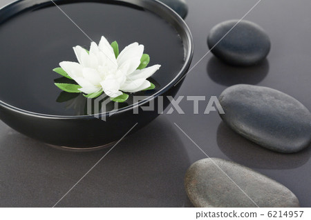 White flower floating in a black bowl surrounded by black pebble White flower floating in a black bowl surrounded by black pebble 6214957