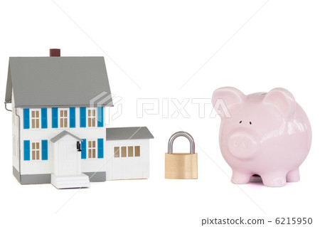House locked with padlock and pink piggy bank House locked with padlock and pink piggy bank 6215950