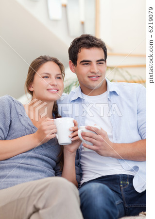 Portrait of a couple drinking coffee while watching TV Portrait of a couple drinking coffee while watching TV 6219079