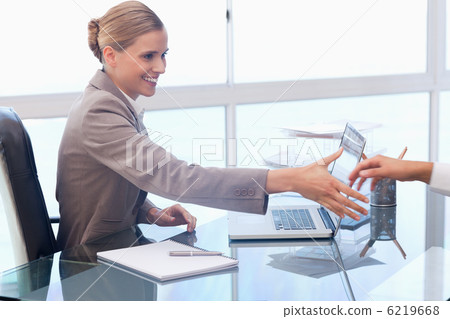 Smiling businesswoman receiving a customer Smiling businesswoman receiving a customer 6219668