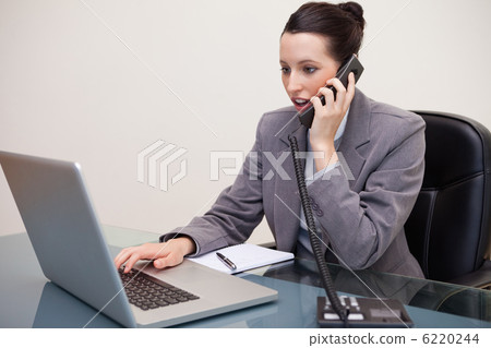 Businesswoman typing on laptop while talking on the phone Businesswoman typing on laptop while talking on the phone 6220244