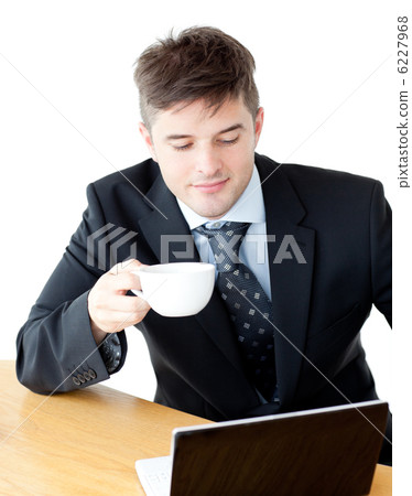 Charismatic businesman drinking coffee using his laptop 6227968