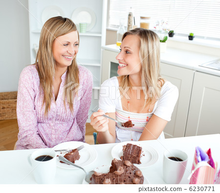 Joyful women eating a chocolate cake looking at each other sitti Joyful women eating a chocolate cake looking at each other sitti 6230771