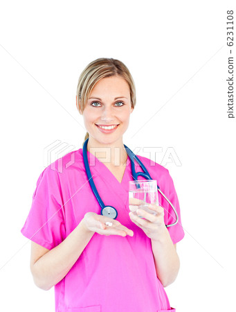 Pretty female doctor holding pills and water 6231108