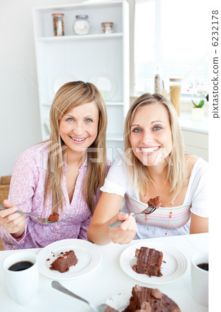 Portrait of two women eating a chocolate cake during snack time Portrait of two women eating a chocolate cake during snack time 6232178