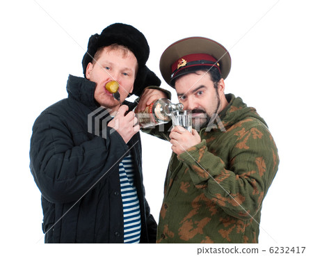 Russian soldier drinking vodka .isolated on white background 6232417