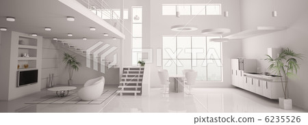 White modern interior panorama 3d render White modern interior panorama 3d render 6235526