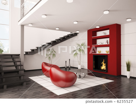 Modern interior with fireplace and staircase 6235527