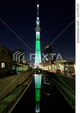 東京天空樹的聖誕節點亮了·白色樹和風景在河反射了 東京天空樹的聖誕節點亮了·白色樹和風景在河反射了 6259520