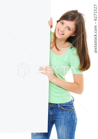 Woman look out from the white banner Woman look out from the white banner 6271527
