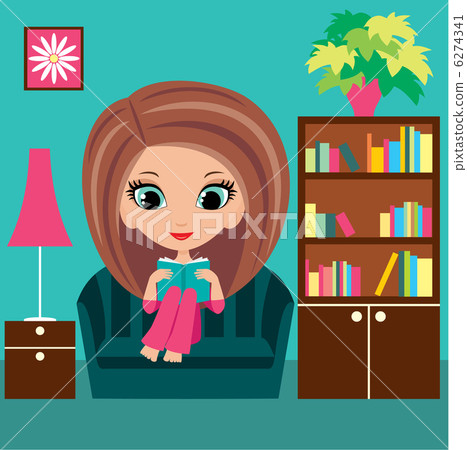 Girl cartoon reads the book on a sofa. 6274341