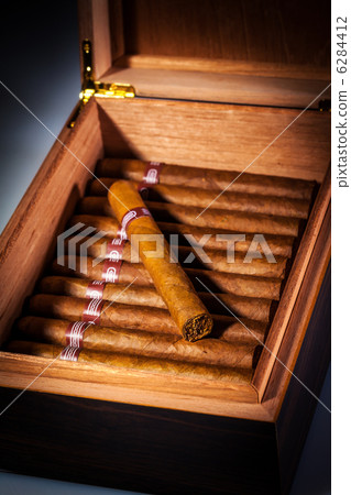 Close up of cigars in open humidor box 6284412