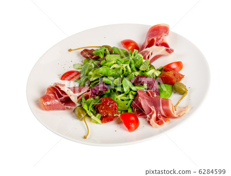 Salad from eruca and bacon on a white background 6284599