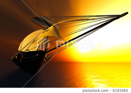 Cutter in the Sea in the Sunset Sunrise 3D render-插圖素材 [6285860] - PIXTA圖庫