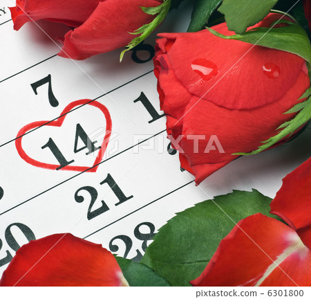 roses lay on the calendar with the date of February 14 Valentine 6301800