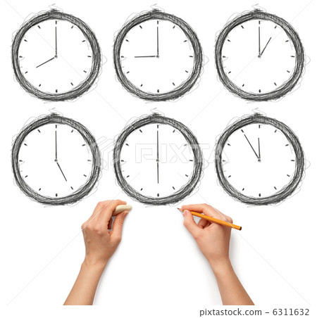 sketch clock with human hands with pencil and eraser sketch clock with human hands with pencil and eraser 6311632