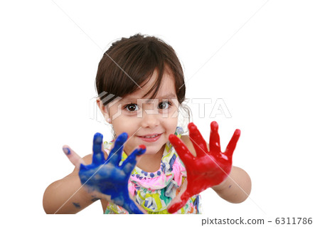Cute little girl with painted hands. Isolated on white backgroun Cute little girl with painted hands. Isolated on white backgroun 6311786