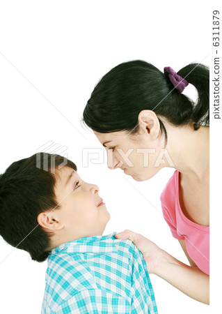 Boy confronts his mother isolated on white background 6311879