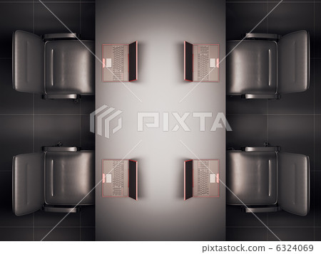 Laptops, chairs and table. Top view 3d 6324069