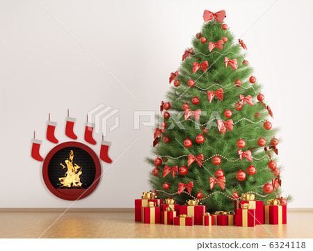Christmas fir tree and fireplace 3d render 6324118