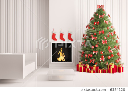 Interior with Christmas tree and fireplace 3d Interior with Christmas tree and fireplace 3d 6324120