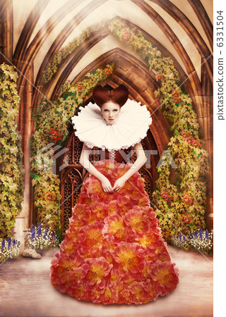 Red Hair Duchess in red Dress and Jabot in Ancient Abbey 6331504