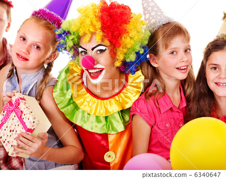 Birthday party group of teen with clown. Birthday party group of teen with clown. 6340647