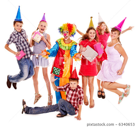 Birthday party group of teen with clown. Birthday party group of teen with clown. 6340653