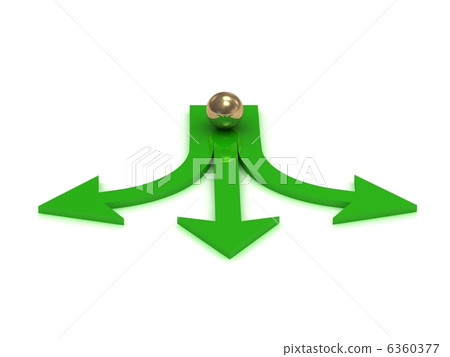 Gold ball at the crossroads of three green arrows Gold ball at the crossroads of three green arrows 6360377