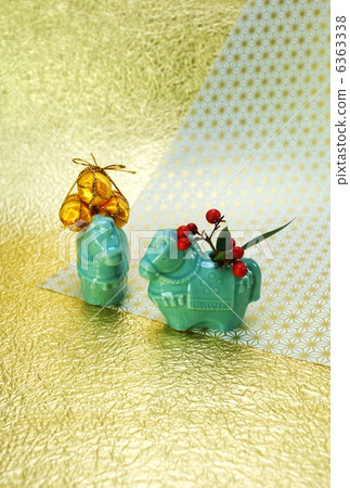 新年賀卡2014·2匹陶瓷·大麻葉紋日本紙背垂直位置·明信片比例 6363338