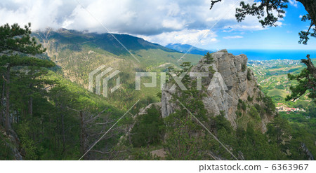 Panorama from slope of Aj-Petri Mount and Christian cross on roc 6363967