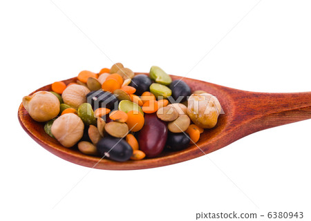 collection of beans, legumes, peas, lentils on wooden spoons 6380943