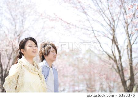 A couple deep breathing in front of cherry blossoms A couple deep breathing in front of cherry blossoms 6383376