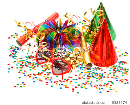 garlands, streamer, cracker, party glasses and confetti 6385574