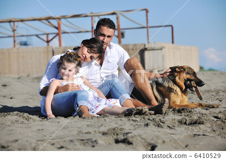 happy family playing with dog on beach happy family playing with dog on beach 6410529