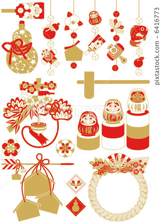 Illustration cutting material collection for New Year cards (lucky cards, gourds, sushi, Tatsuma drops, demon arrows, ema, decorations) Red tea 6416773