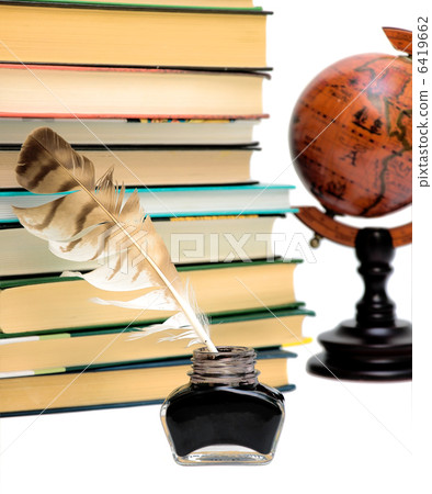 inkstand, pen, books and a globe on a white background inkstand, pen, books and a globe on a white background 6419662