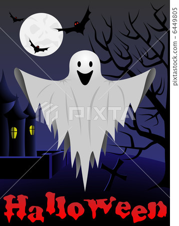 Halloween card with flying ghost and castle and tree in the back Halloween card with flying ghost and castle and tree in the back 6449805