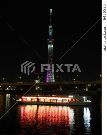 Tokyo Sky Tree Night view of Sumida River floating on winter gods and houseboats 6456586