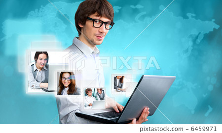 Adult businessman using his tablet computer to communicate his team. Virtual meeting technology for global business concept. Adult businessman using his tablet computer to communicate his team. Virtual meeting technology for global business concept. 6459971