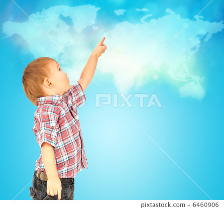 Happy little boy pointing up to world map Happy little boy pointing up to world map 6460906