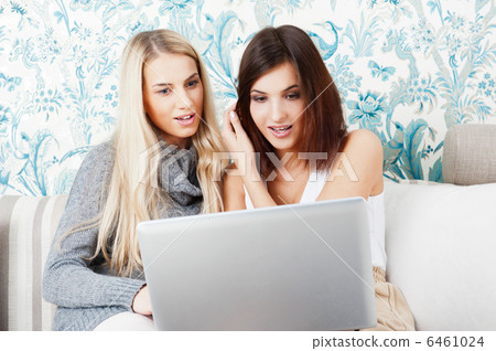 Two young women friends chatting at home and using laptop to loo Two young women friends chatting at home and using laptop to loo 6461024